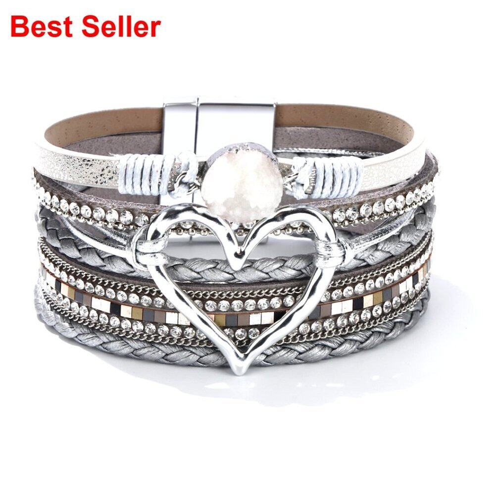 Leather Wrap Bracelet with Heart Rhinestone, Stackable Boho Women's Jewelry